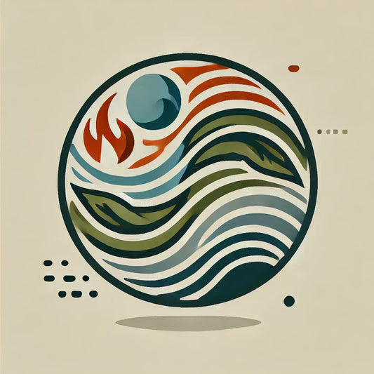 Runder Emblem mit stilisierten Wellen, Bergen, Feuer und Mond in Erdtönen für Element Pulse.