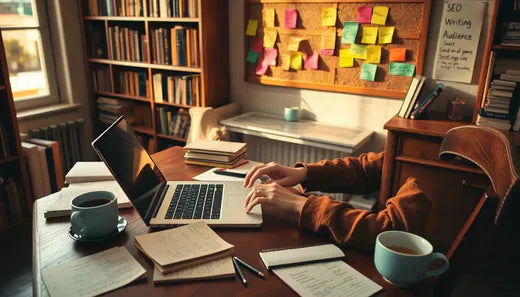 Studienumgebung mit Laptop und Notizen zur Unterstützung von gutem Storytelling.