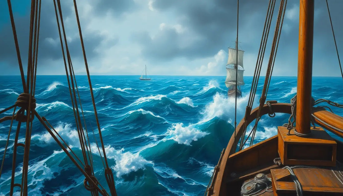 Holzsegelschiff navigiert durch stürmische See im Kontext maritimer Kunst und Tierdesign T-Shirts.