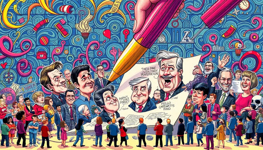 Politische Satire in einer Karikatur mit überdimensionierter Feder zur Darstellung komplexer Themen.