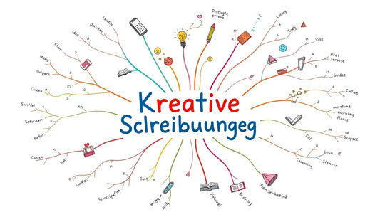 Mindmap mit Kreative Schreibübungen, bunten Ästen und symbolischen Notizen.