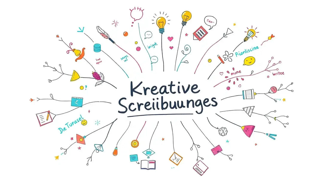 Mindmap-Diagramm zu Kreative Schreiben mit bunten Doodles für visuelle Kunst und Kreativität anregen.