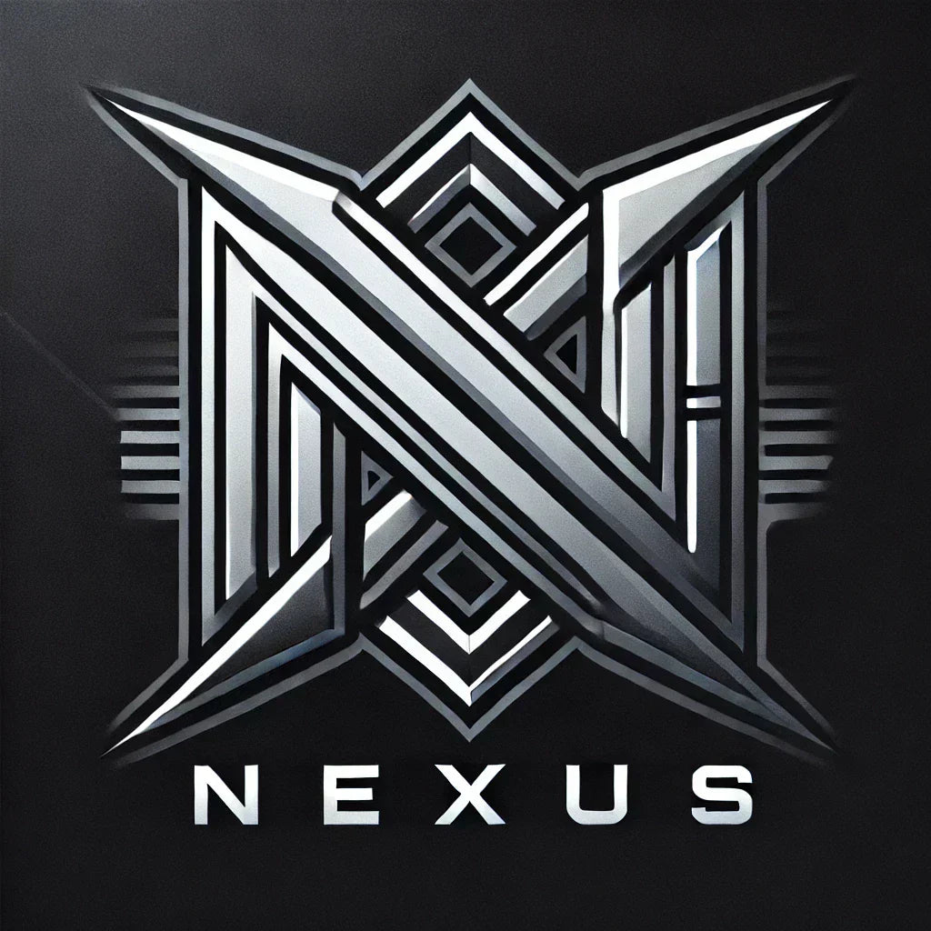 Metallisch silbernes Logo mit N-Elementen und NEXUS für Nexus Noir und futuristische Streetwear.