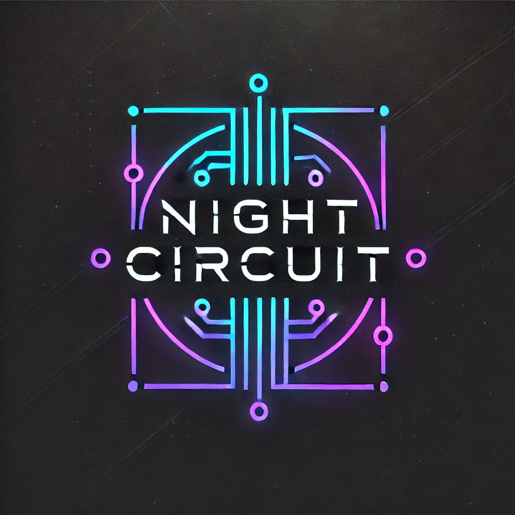 Neon-logo von Night Circuit mit geometrischen Mustern in blau-lila für Cyber Goth Streetwear.