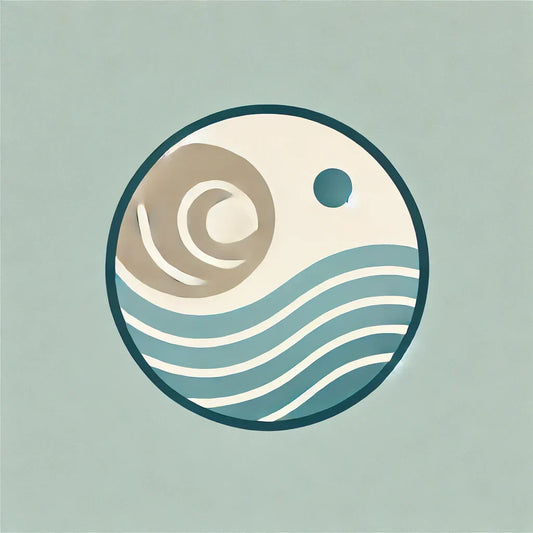 Rundes Logo mit abstrakten Wellen und Spiralen in Beige und Blau für Ocean Loft.