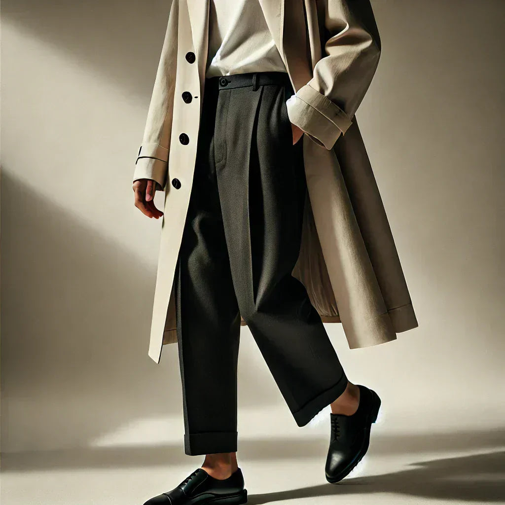 Beiger Trenchcoat mit weiten schwarzen Hosen und schwarzen Lederschuhen in minimalistischer Garderobe.
