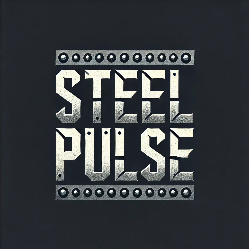 Metallic Logo von Steel Pulse mit Nieten, das den Stadtstil einfängt.