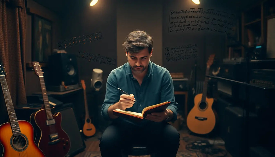 Person, die in ein Notizbuch schreibt, umgeben von Gitarren und buntem abstraktem Design.