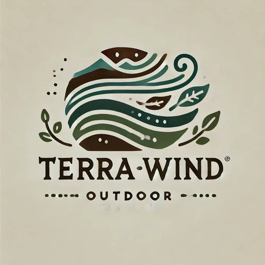 Logo-Design von Terra Wind mit stylisiertem Berg, Windmustern und Blattelementen.