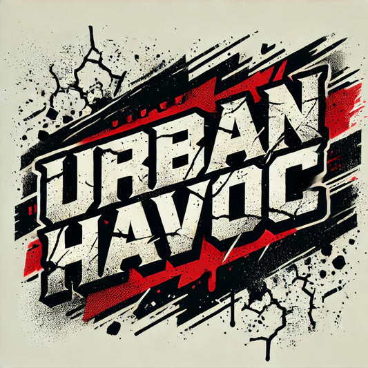 Bold graffiti-style Text Urban Havoc in Schwarz und Rot mit dynamischen Farbspritzern.