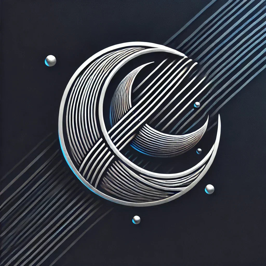 Crescent moon shape with white lines and blue spheres in virtuelle Anproben der Mode.