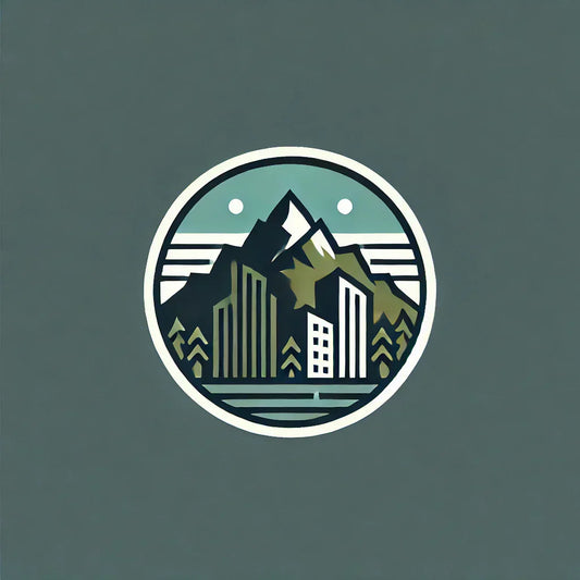 Minimalist circular Logo mit Bergen, Bäumen und Städten für Vista Climb urbanem Design.
