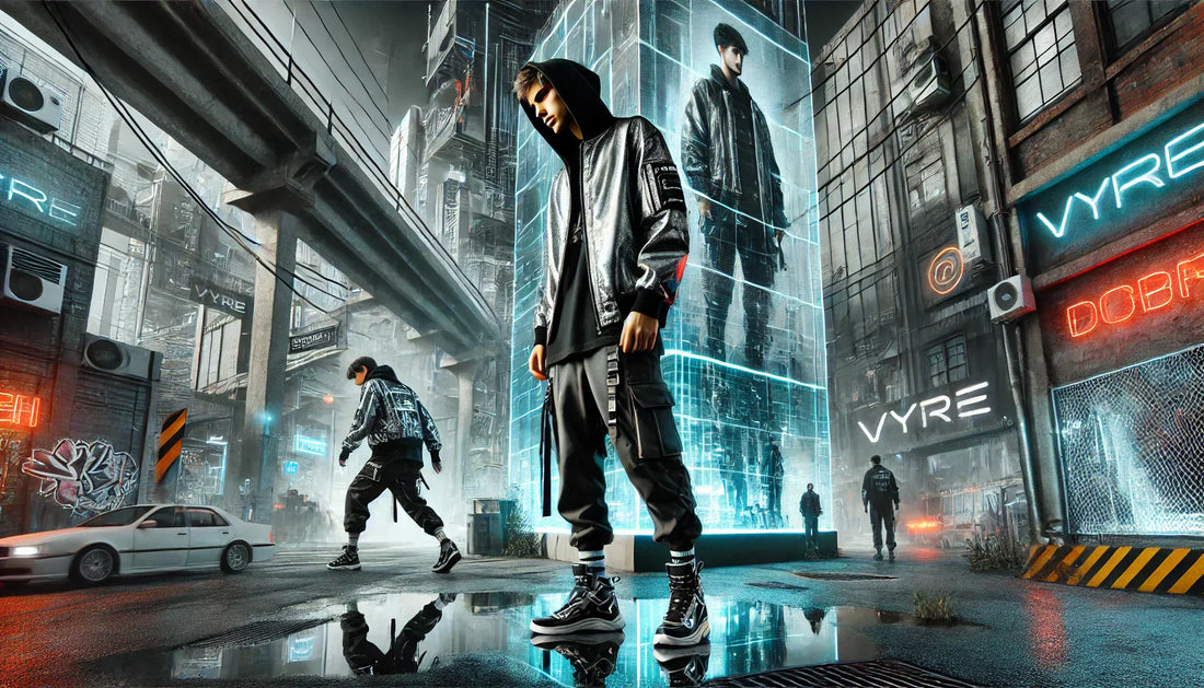 Futuristische Cyberpunk-Straßenszene mit Must-Have Pieces in neonbeleuchteter Umgebung.