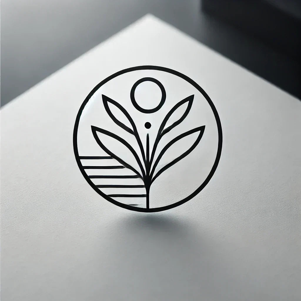 Minimalistisches Logo mit Pflanze und Sonne, passend zum Silkline Slip-Kleid und Luna Leinenkleid.