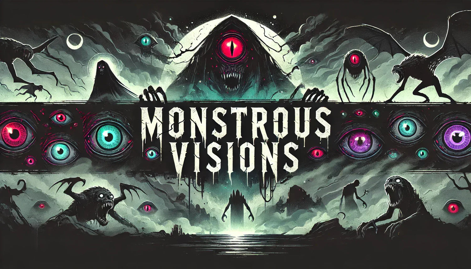 Dunkles, stilisiertes Logo von Monstrous Visions für visuelle Kunstliebhaber.