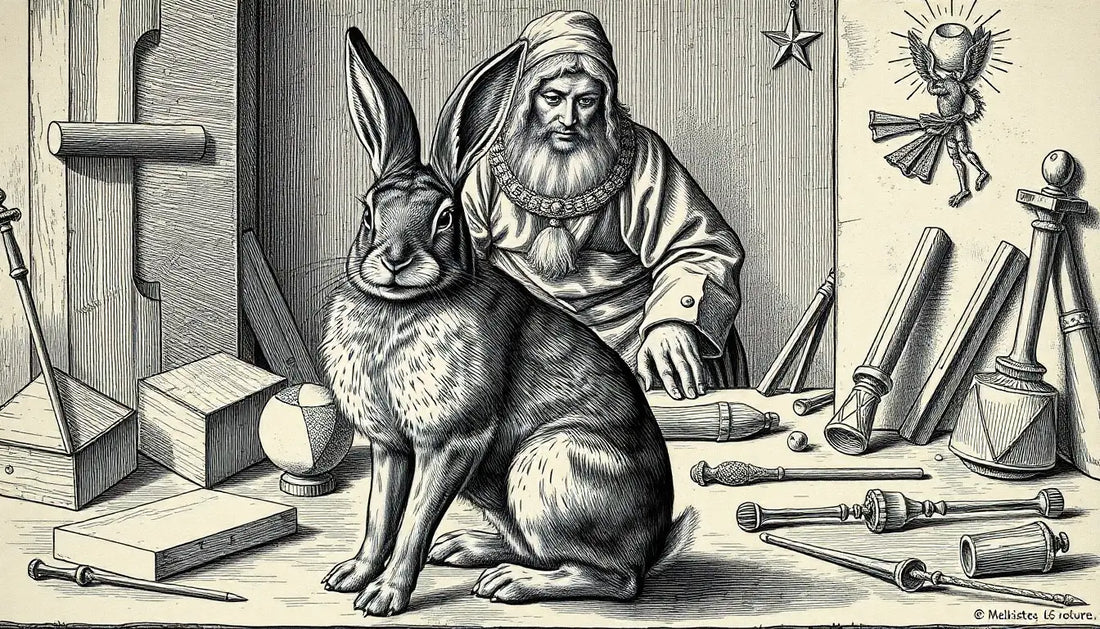 Behaarte Figur in Roben hinter einem Feldhasen, umgeben von Werkzeugen, Albrecht Dürer.