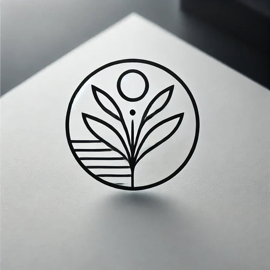 Minimalistisches Logo mit Pflanze und Sonne, symbolisiert zeitlose Mode und minimalistische Eleganz.