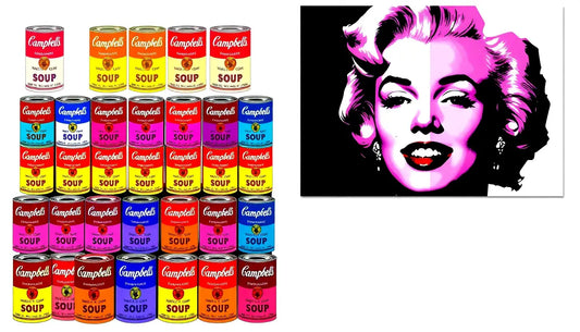 Andy Warhols Pop-Art mit Campbell’s Soup Dosen und pinkfarbenem Porträt.