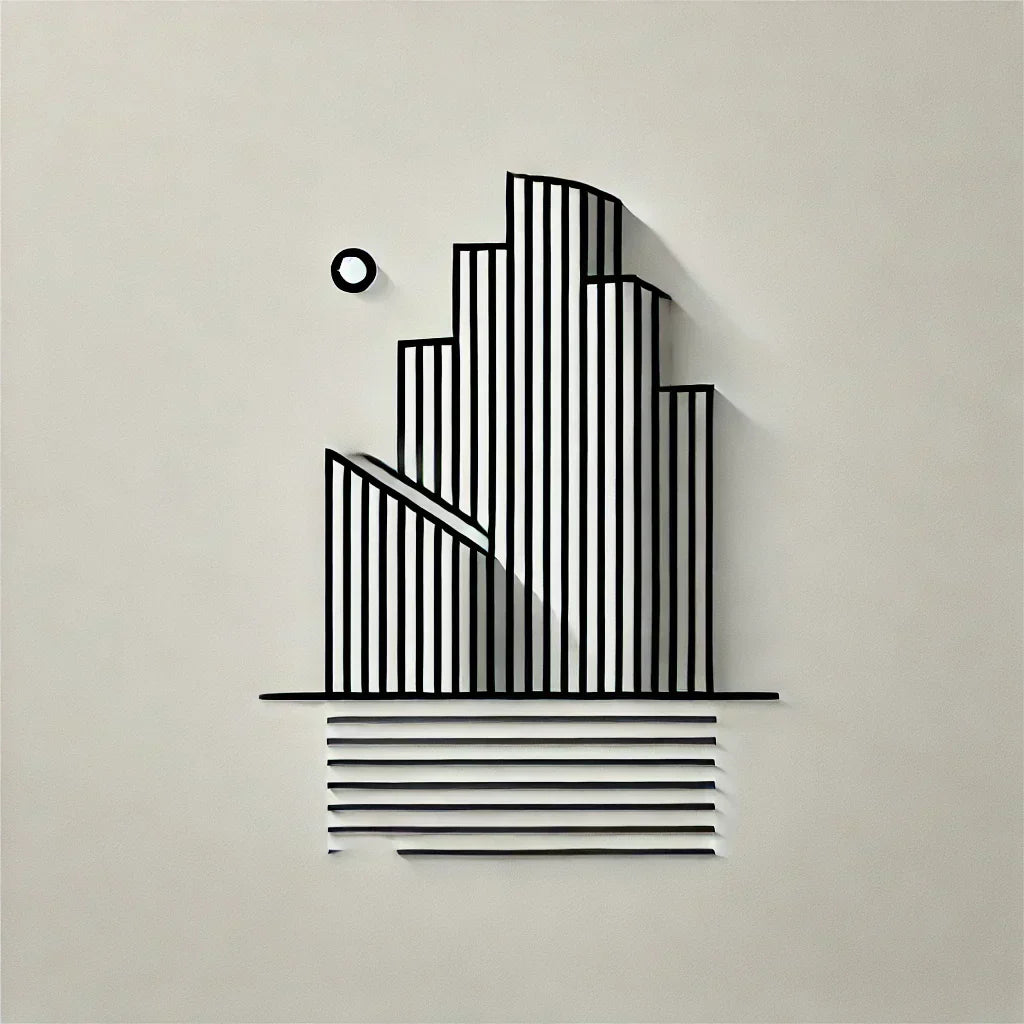Minimalistische Linienzeichnung eines geometrischen Wolkenkratzers mit schwebendem Kreis über Ascent Lines.