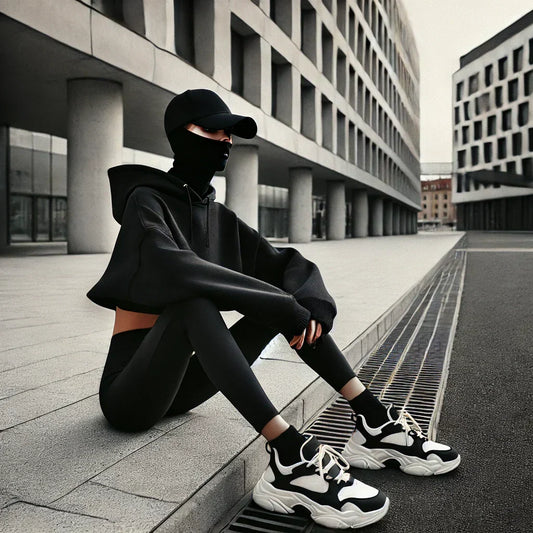 Person in all-black Streetwear sitzt im Alltag erobert auf dem Boden mit Sneakers.