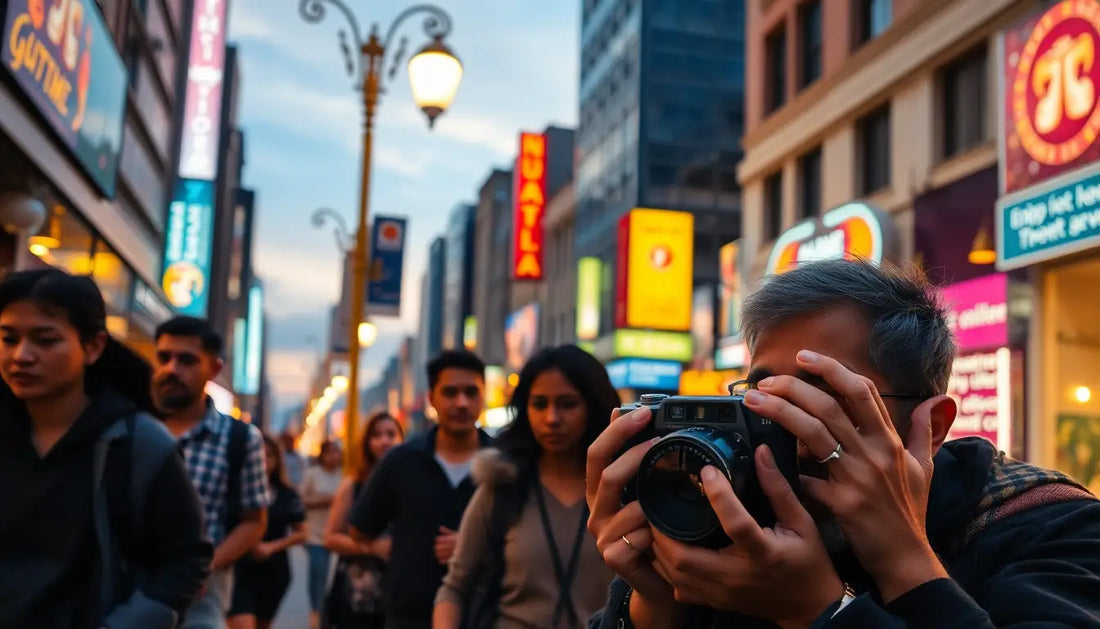 Fotograf mit Kamera auf belebter Straße bei Dämmerung, authentische Momente der Straßenfotografie.