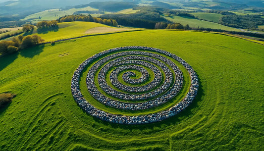 Spiralige Steinformation in Kreisen auf Gras, symbolisch für Land-Art und Naturbewusstsein.