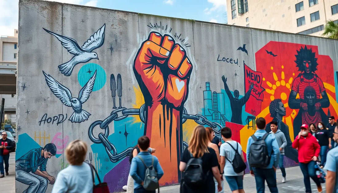 Vibrantes Protestmural, das die Bedeutung der politischen Kunst für Wandel zeigt.