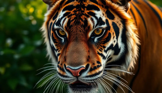 Majestätischer Tiger mit blauen Augen und orange-schwarz gestreiftem Fell auf schwarzem T-Shirt.