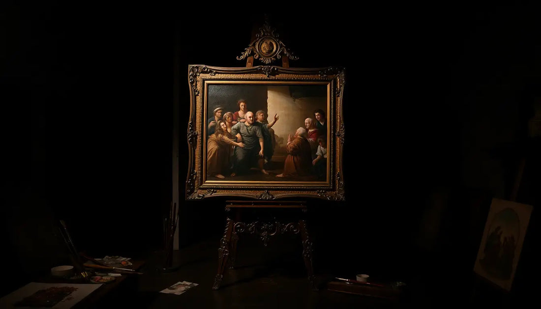 Ornate gold frame with Caravaggio’s ’Die Berufung des Heiligen Matthäus’ painting.