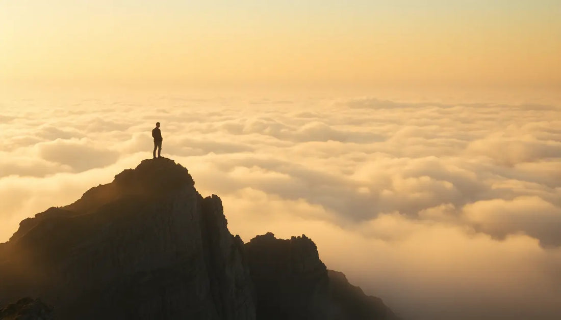 Person auf Berggipfel, inspiriert von Caspar David Friedrichs Der Wanderer und menschlichen Seele.