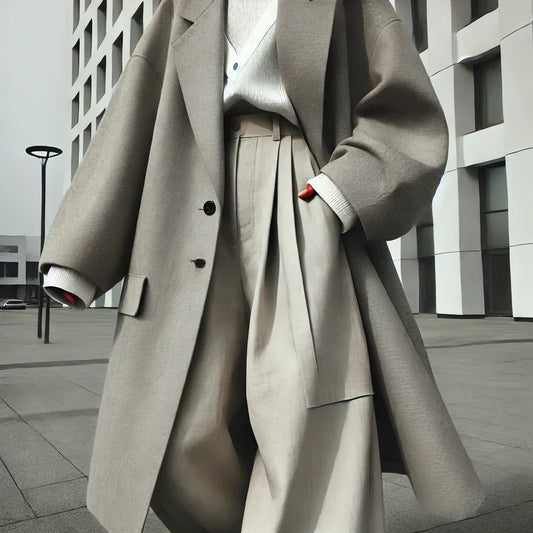 Oversized beiger Trenchcoat mit weiten Schnitten und lässigem Drapieren in der modernen Mode.