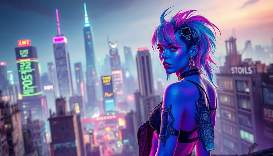 Cyberpunk Frau mit Neonhaar, inspiriert von Syd Mead und dem einzigartigen Blick auf eine rebellische Welt.