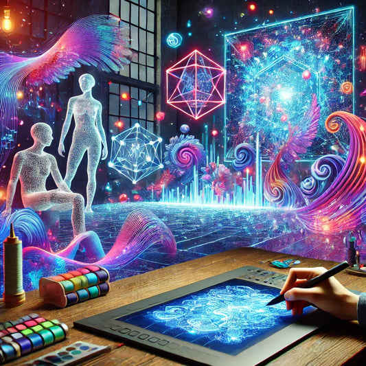 Digitales Kunsttablet mit leuchtenden geometrischen und kosmischen Designs.