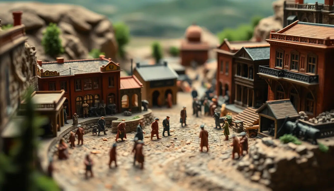 Miniaturmodell einer Old West Stadt zeigt historische Szenen in bunten T-Shirts.