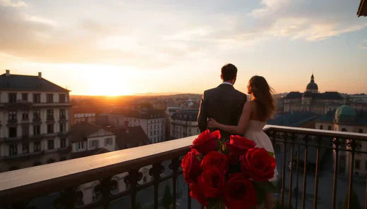 Ein Paar genießt den Sonnenuntergang auf einem Balkon mit roten Rosen, Herzen berühren.