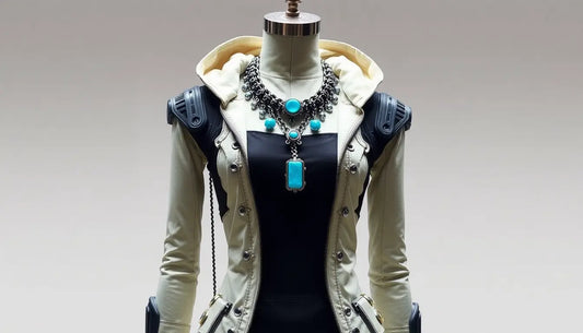 Mannequin torso in cream jacket and turquoise eleganter Schmuck für futuristische Mode.