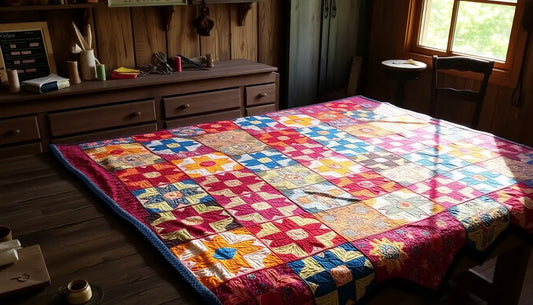 Bunte Patchwork-Decke in pink, blau und orange für bunte Tierdesign T-Shirts.