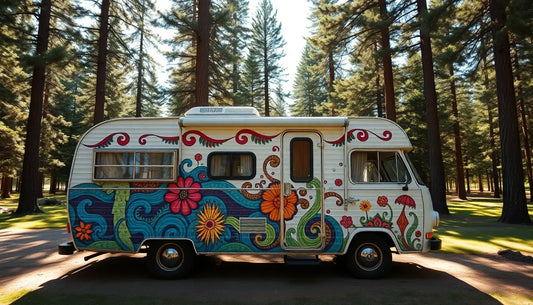 Bunte hippie-artige Vintage-Camper mit Blumen, passend zu bunten Tierdesign T-Shirts.