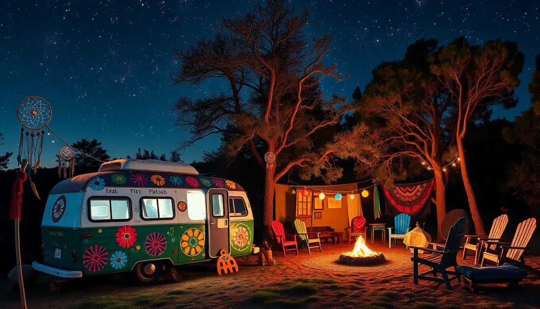 Retro Hippie-Campervan mit bunten Blumen, passend zu bunte Tierdesign T-Shirts.