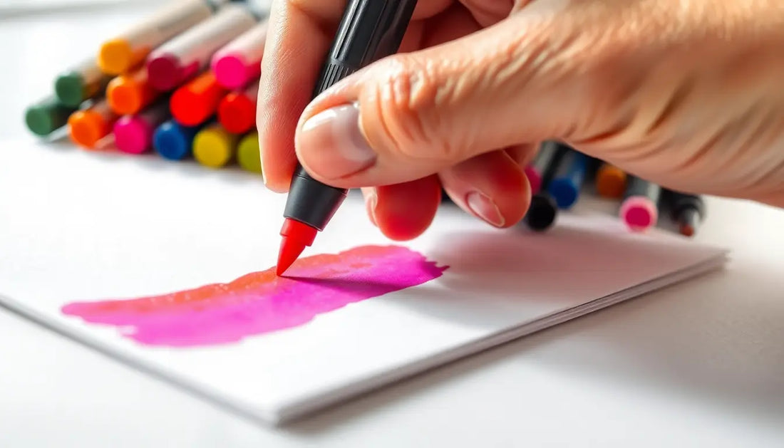 Hand zeichnet mit Marker eine pinke Linie auf weißem Papier für bunte Tierdesign T-Shirts.