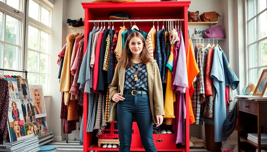 Heller roter Kleiderständer mit farbenfroher Kleidung für stilvolle Mode und edlen Schmuck.