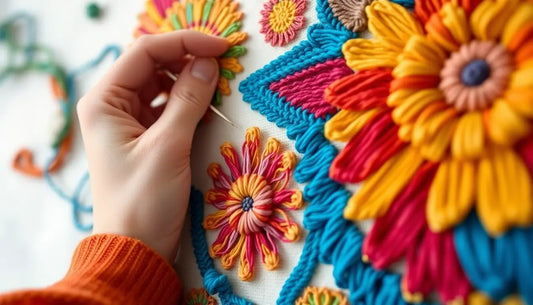 Bunte, gestickte Blumen in Gelb, Pink und Türkis auf Stoff für Punch Needle-Stickerei.