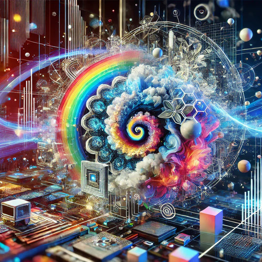 Spiraling rainbow fractal in computer circuitry, showcasing Bewegungsgrafik und interaktive Kunst.