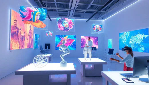 Moderner Ausstellungsraum mit digitalen Kunstwerken und interaktiven Displays in Neonfarben.