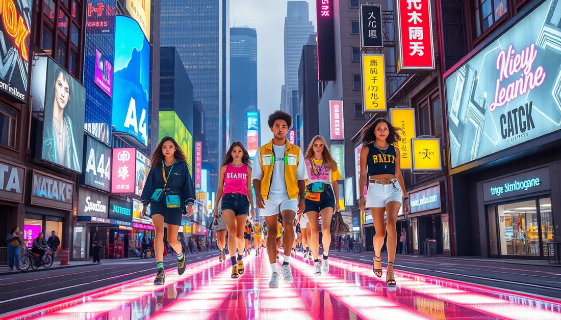 Gruppe junger Menschen im dynamischen Segment der Mode in neonbeleuchtetem Times Square.