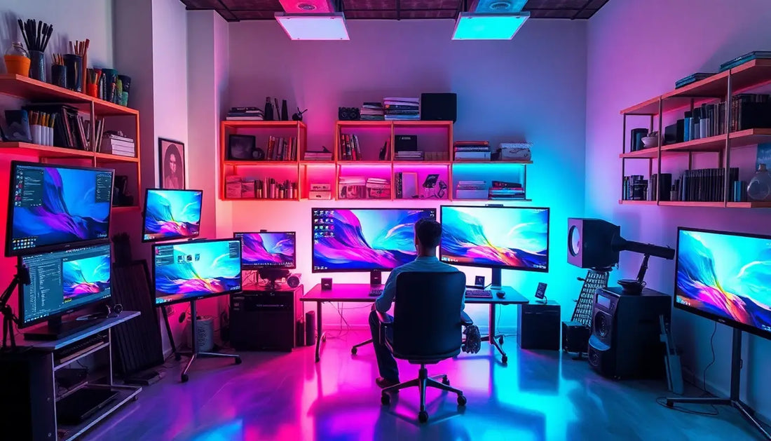 Multi-Monitor-Gaming-Setup mit pinker und blauer Beleuchtung für digitale Malerei.