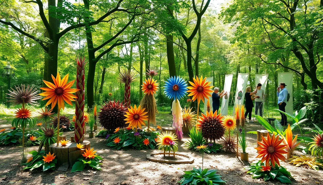 Bunte Glasblumenskulpturen im Garten, inspiriert von biologisch abbaubarer Kunst.