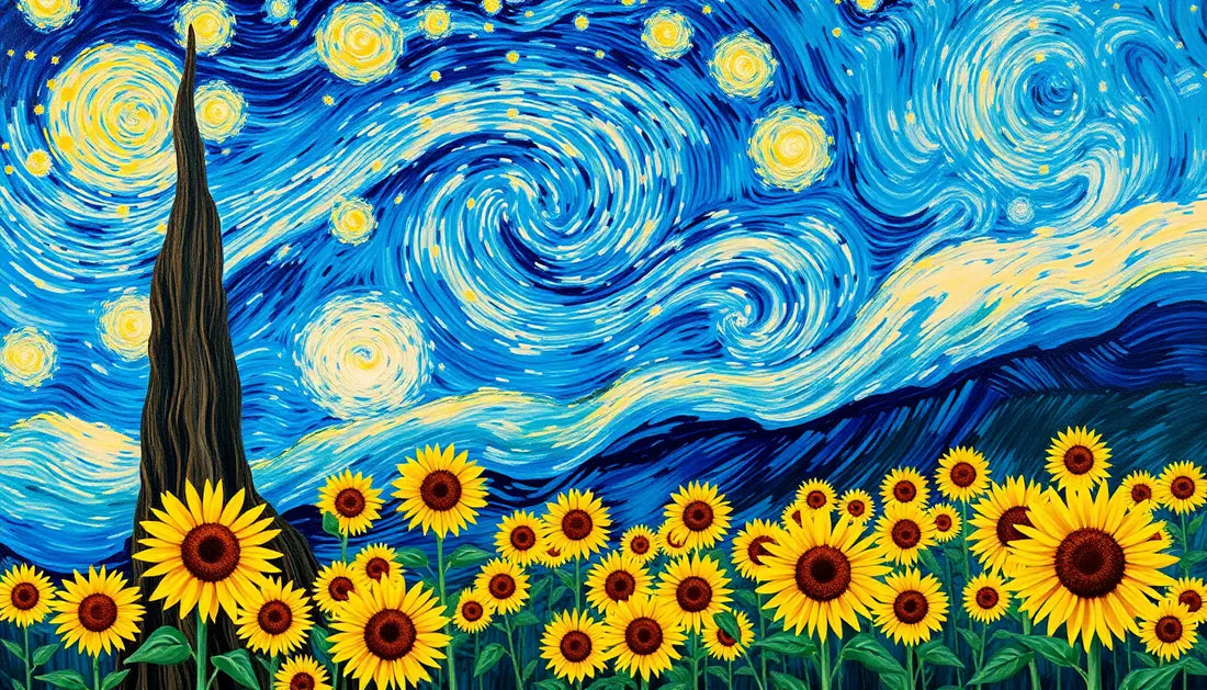 Ein Feld leuchtender Sonnenblumen unter einem sternenübersäten Nachthimmel im Van Gogh Stil.