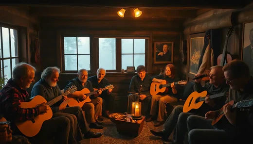 Gruppe von Musikern mit akustischen Gitarren in gemütlicher Umgebung, die Geschichten für nachfolgende Generationen erzählen.