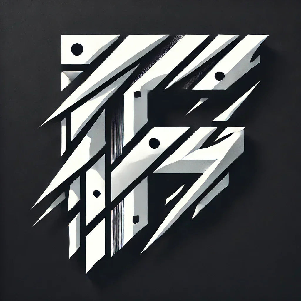 Abstractes geometrisches Muster mit diagonalen weißen Streifen auf schwarzem Hintergrund.